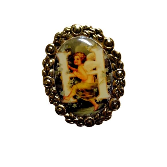 Vintage Initial H Pin Gold Tone Victorian Angel Cherub VTG - Picture 1 of 12
